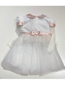 Modi' - Abito bianco con fiocco rosa in vita e piume N3513